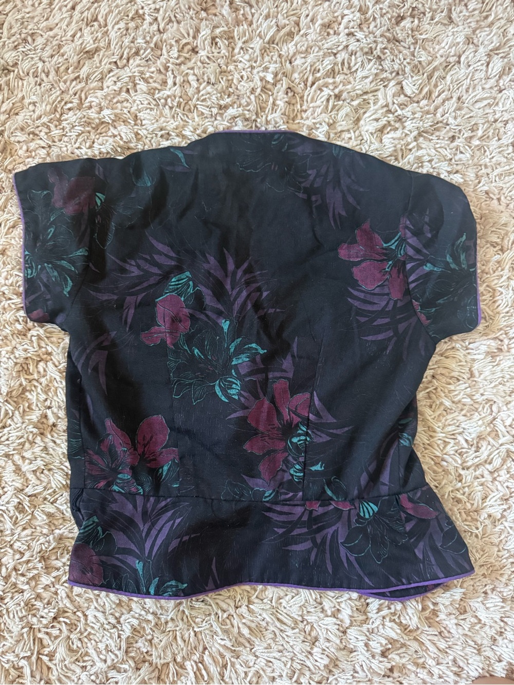 Vintage Black Floral Short Sleeve Blouse with Purple & Teal Accents